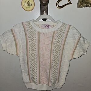 White and Pink Patterned Knit Sweater